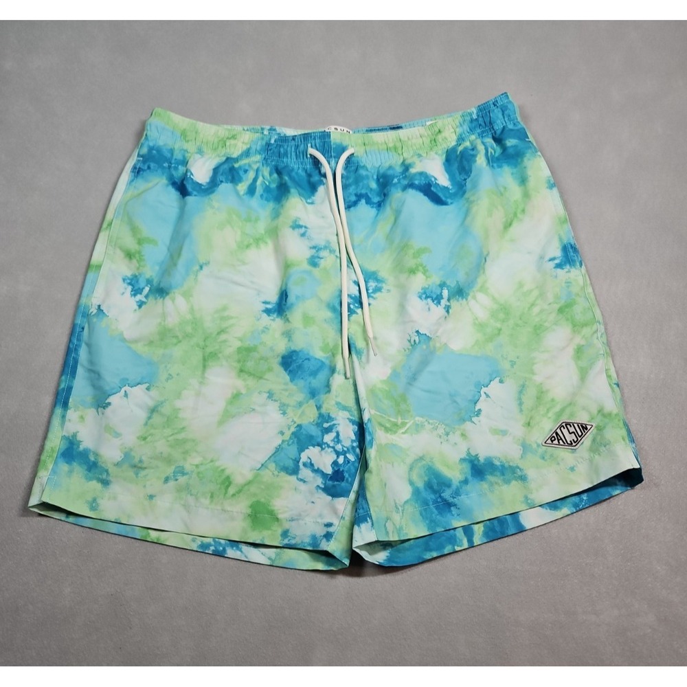 Pacsun Mens Blue Green Tie Dye Lined Swim Trunks Board Shorts Size Medium NWOT